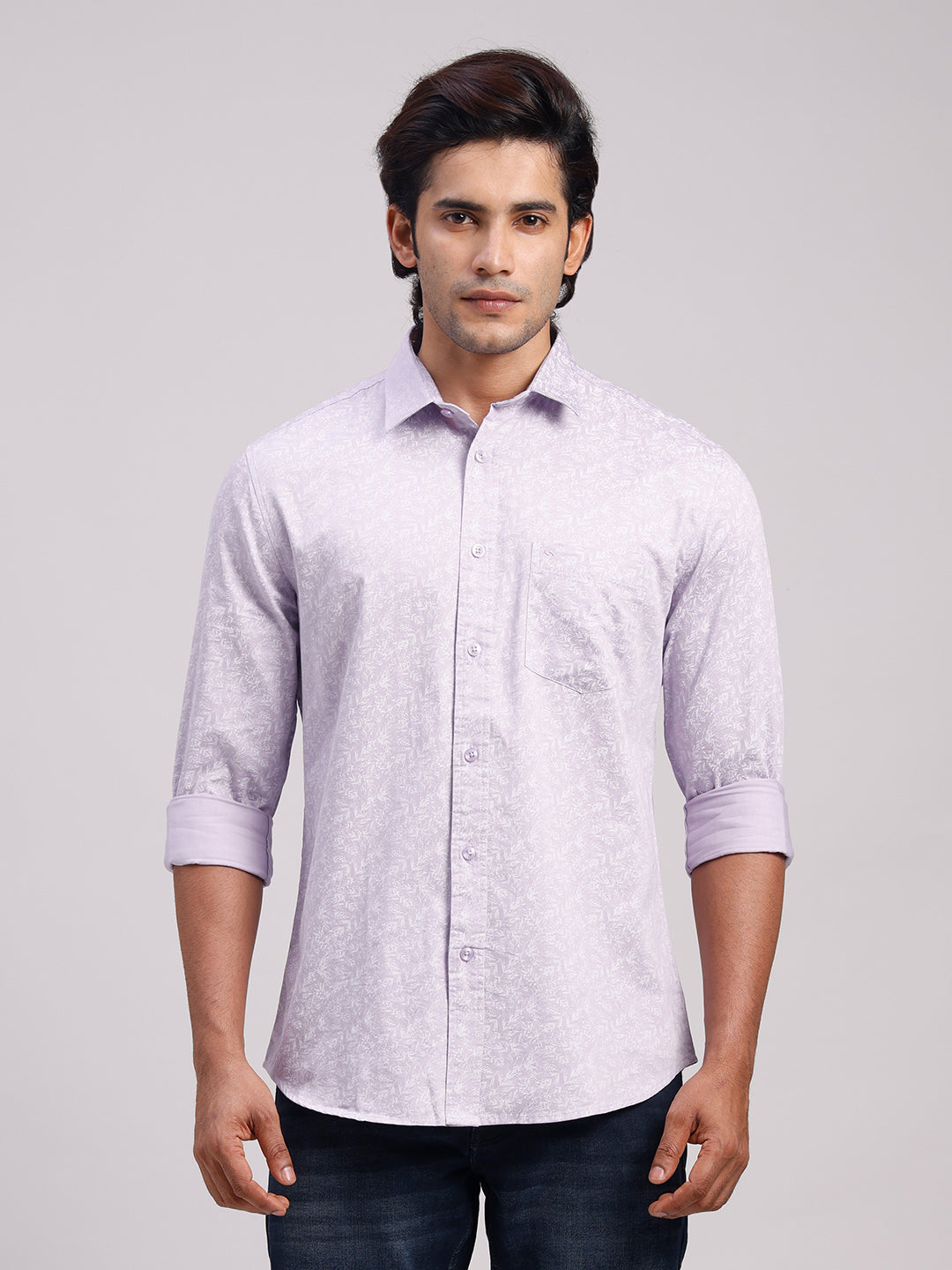 Classic Polo Men's Full Sleeve Light Lavender/White Polo Neck Slim Fit All-Over Print Cotton Casual Shirt | LSHR1-CL-18 A-FS-PRT-SF