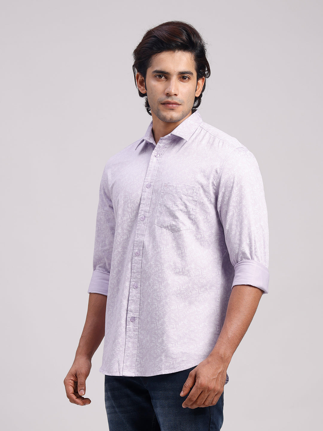 Classic Polo Men's Full Sleeve Light Lavender/White Polo Neck Slim Fit All-Over Print Cotton Casual Shirt | LSHR1-CL-18 A-FS-PRT-SF