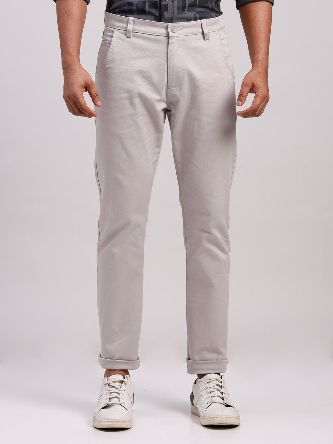 Classic Polo Men's Stone Grey Moderate Fit Solid Cotton Trouser | TR1-GN-01 B-GRY-MF-LY