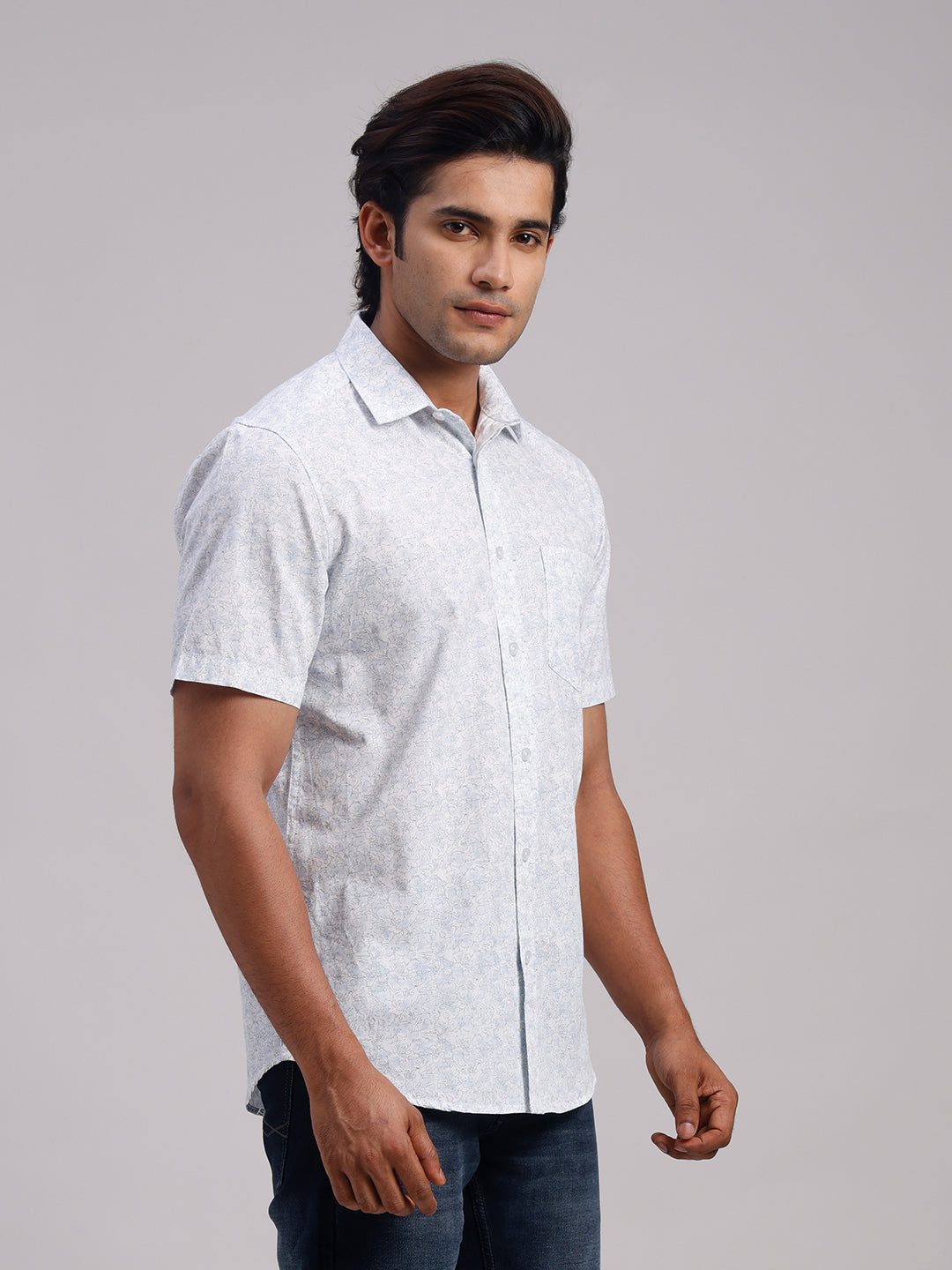 Classic Polo Men's Half Sleeve White Polo Neck Slim Fit All-Over Print Cotton Casual Shirt | SR1-CL-25 A-HS-PRT-SF