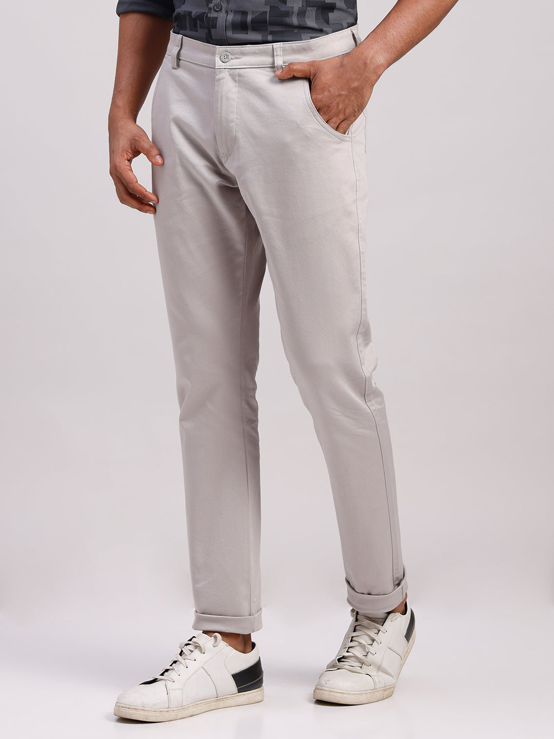 Classic Polo Men's Stone Grey Moderate Fit Solid Cotton Trouser | TR1-GN-01 B-GRY-MF-LY