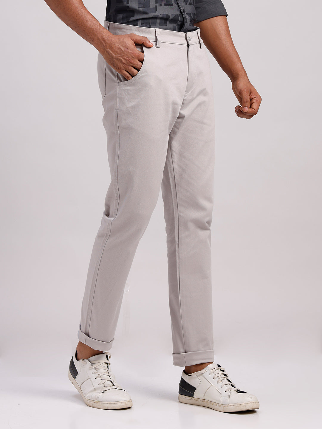 Classic Polo Men's Stone Grey Moderate Fit Solid Cotton Trouser | TR1-GN-01 B-GRY-MF-LY