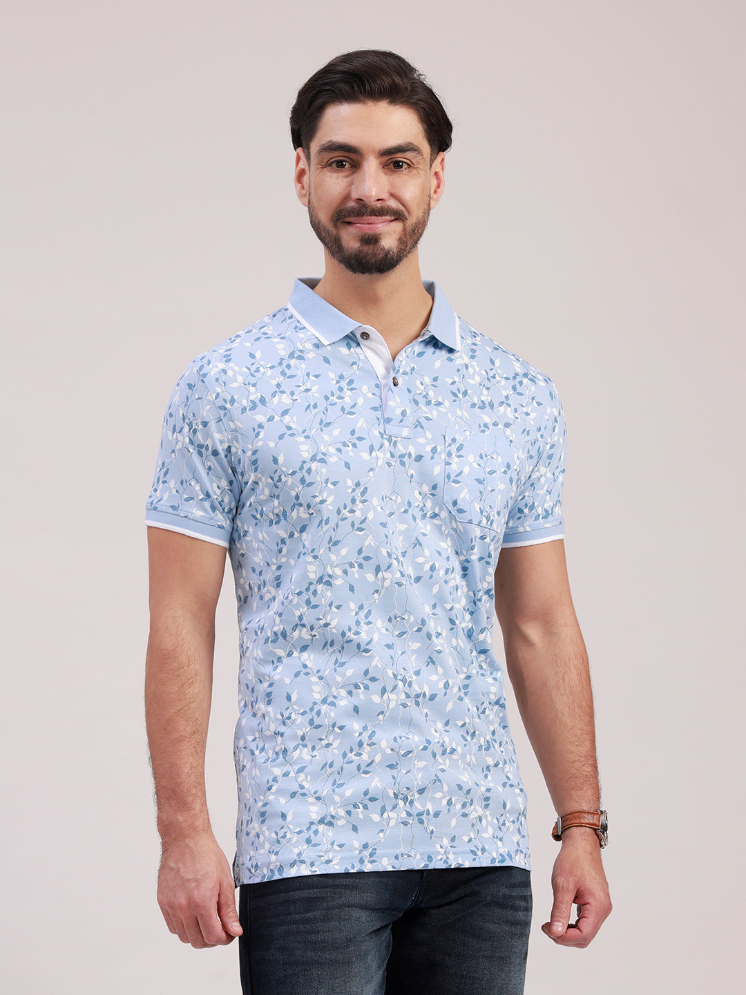Classic Polo Men's Half Sleeve Blue/White Polo Neck Slim Fit All-Over Print Cotton T-Shirt | LTS-AOP - 123 B SF P