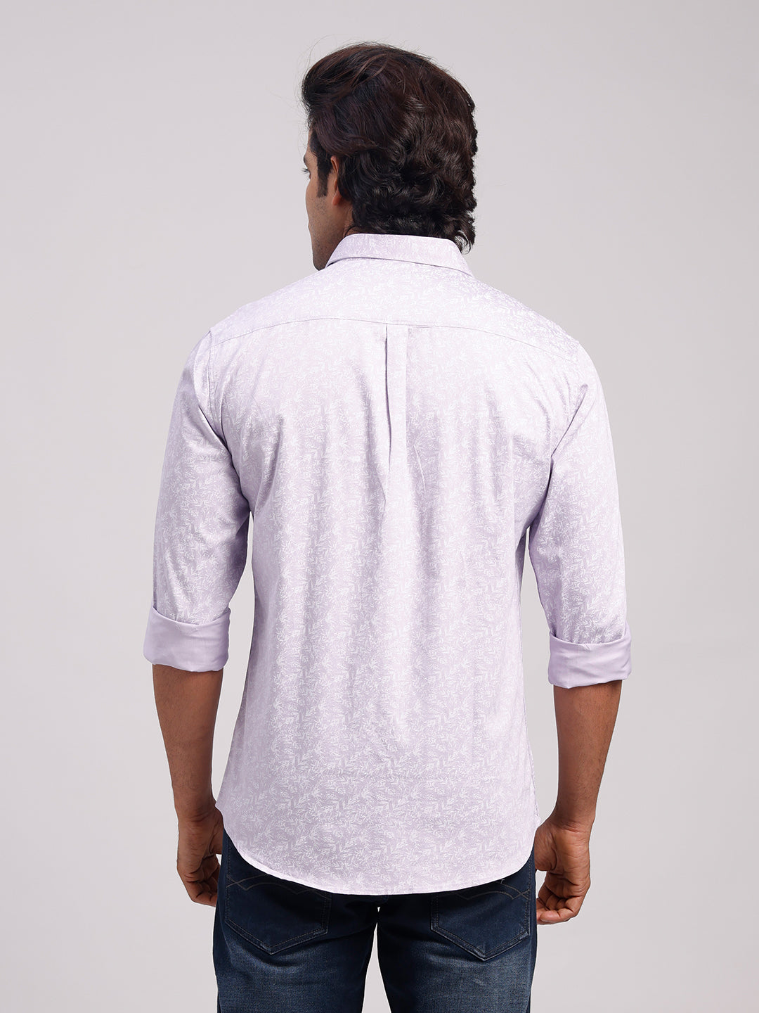 Classic Polo Men's Full Sleeve Light Lavender/White Polo Neck Slim Fit All-Over Print Cotton Casual Shirt | LSHR1-CL-18 A-FS-PRT-SF