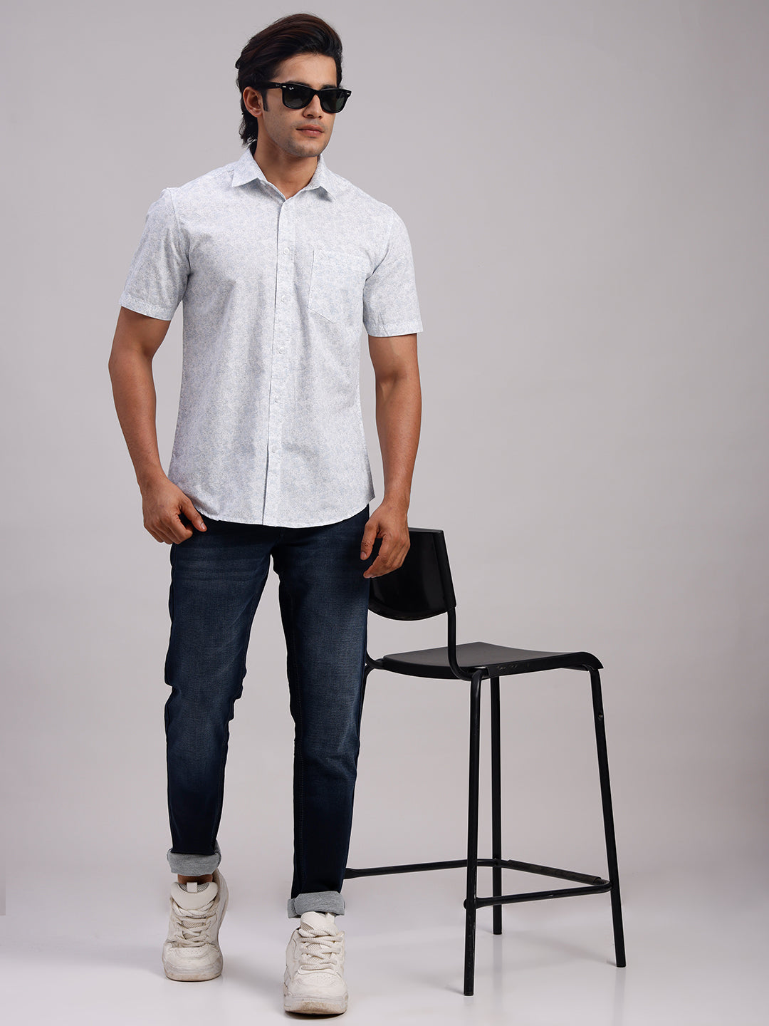 Classic Polo Men's Half Sleeve White Polo Neck Slim Fit All-Over Print Cotton Casual Shirt | SR1-CL-25 A-HS-PRT-SF