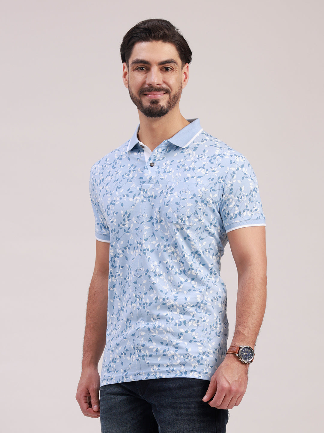 Classic Polo Men's Half Sleeve Blue/White Polo Neck Slim Fit All-Over Print Cotton T-Shirt | LTS-AOP - 123 B SF P