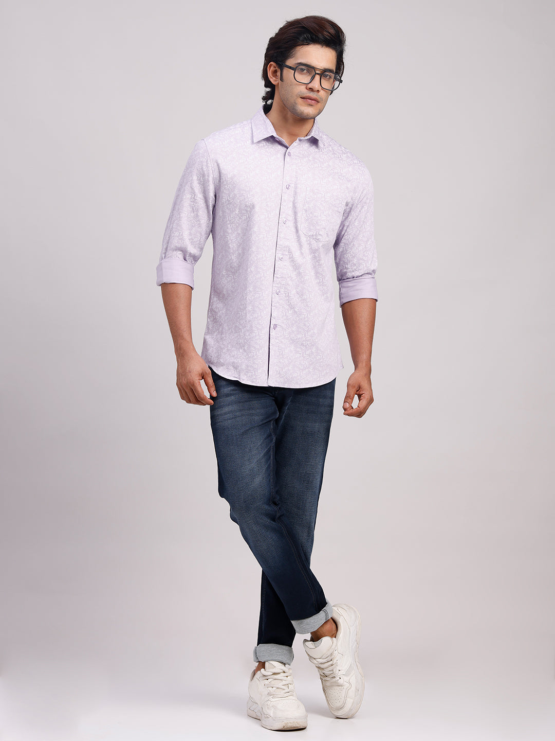 Classic Polo Men's Full Sleeve Light Lavender/White Polo Neck Slim Fit All-Over Print Cotton Casual Shirt | LSHR1-CL-18 A-FS-PRT-SF