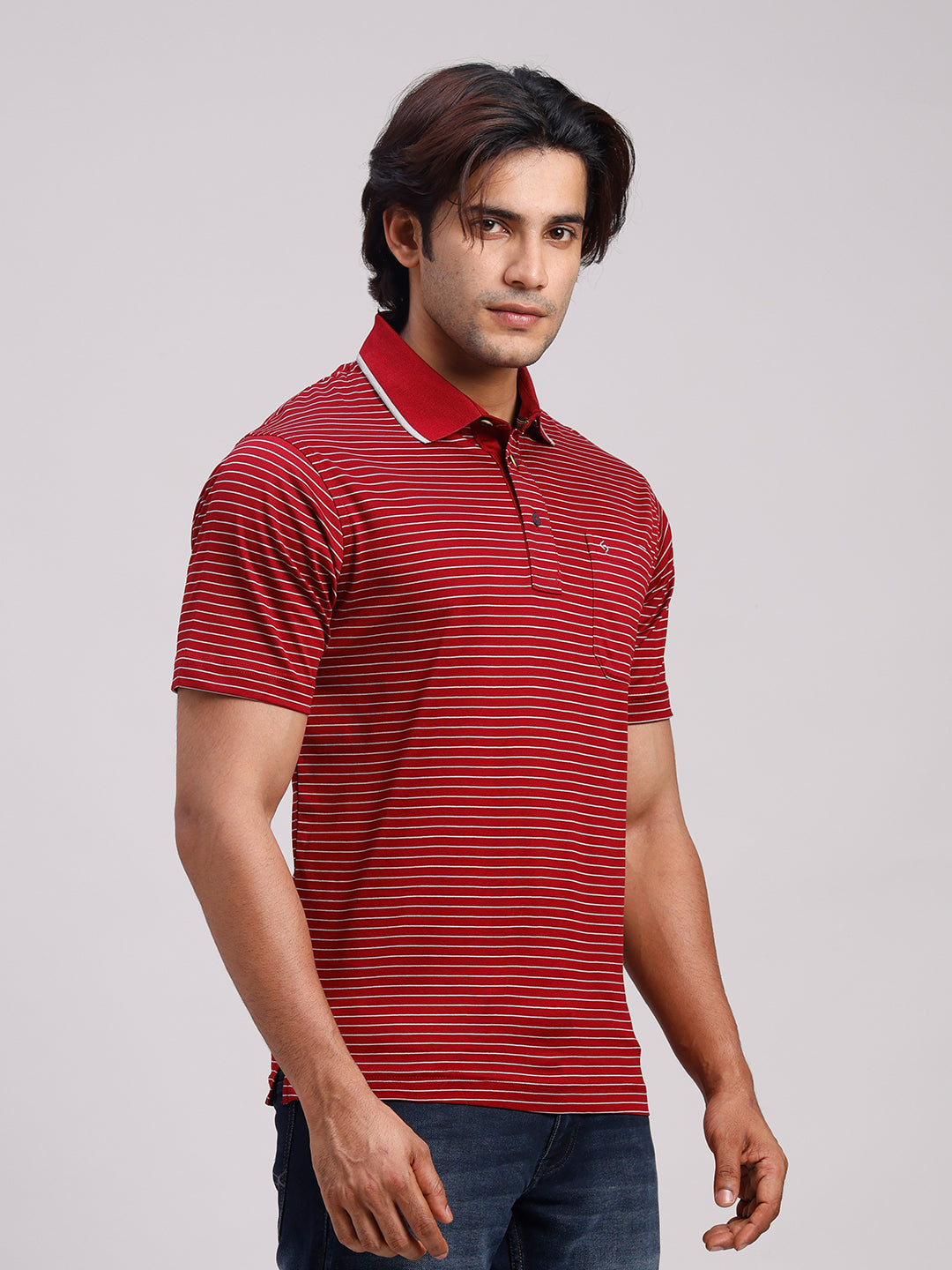 Classic Polo Men's Half Sleeve Red/White Authentic Fit Striped Premium Mercerised Cotton T-Shirt | ULTIMO - 356 B AF P