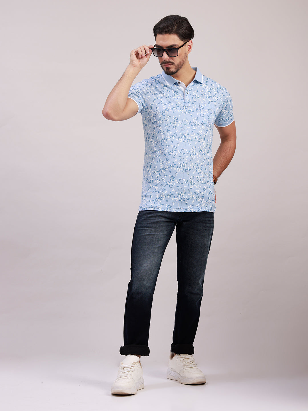 Classic Polo Men's Half Sleeve Blue/White Polo Neck Slim Fit All-Over Print Cotton T-Shirt | LTS-AOP - 123 B SF P