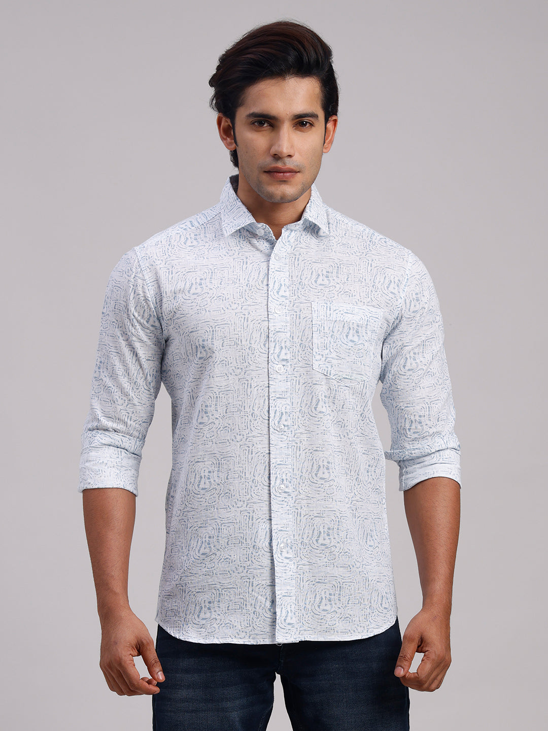 Classic Polo Men's Full Sleeve Off-White/Light Blue Polo Neck Slim Fit All-Over Print Cotton Casual Shirt | SR1-GN-07 A-FS-PRT-SF