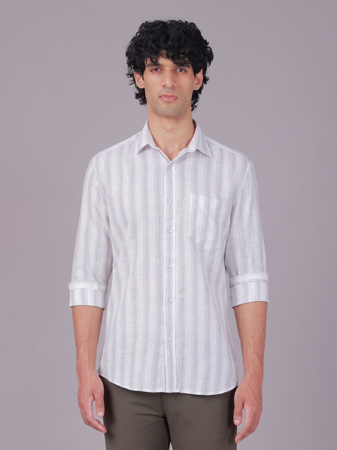 Classic Polo Men's Full Sleeve White/Grey Polo Neck Slim Fit Striped Cotton Casual Shirt | SR1-EL-02 A-FS-STR-SF