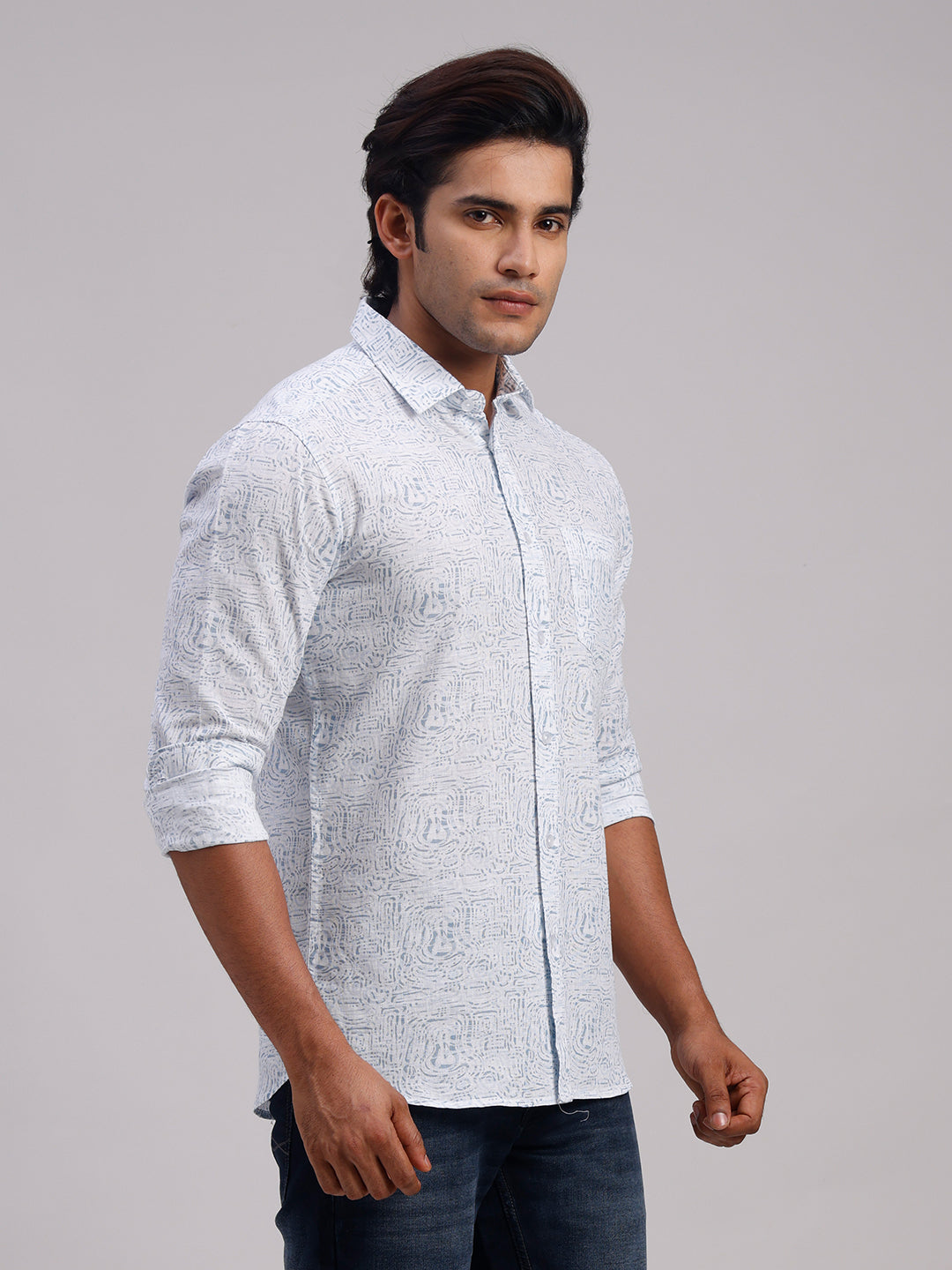 Classic Polo Men's Full Sleeve Off-White/Light Blue Polo Neck Slim Fit All-Over Print Cotton Casual Shirt | SR1-GN-07 A-FS-PRT-SF