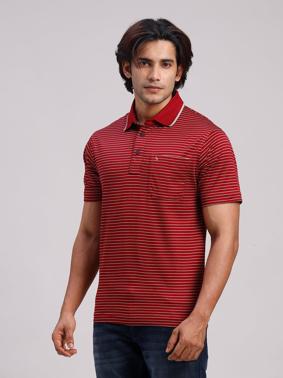 Classic Polo Men's Half Sleeve Red/White Authentic Fit Striped Premium Mercerised Cotton T-Shirt | ULTIMO - 356 B AF P