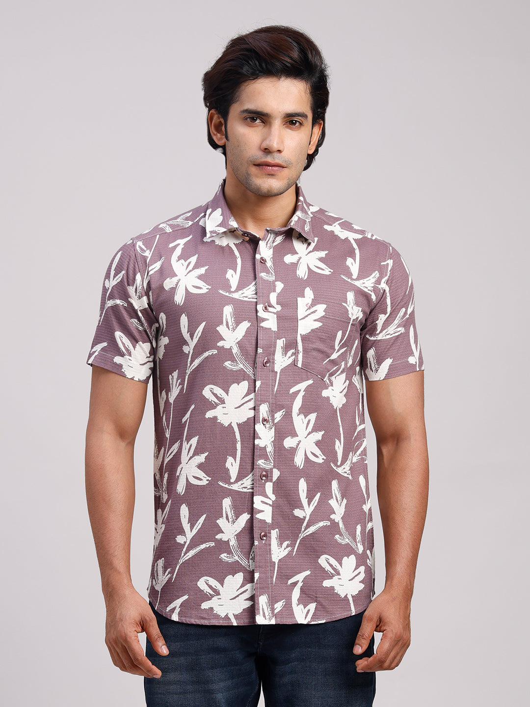 Classic Polo Men's Half Sleeve Mauve/White Polo Neck Slim Fit All-Over Print Cotton Casual Shirt | LSHR1-GN-08 B-HS-PRT-SF