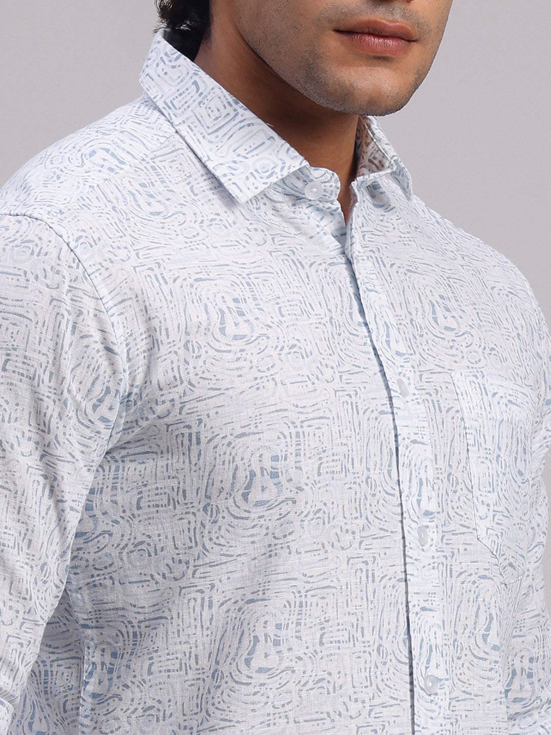 Classic Polo Men's Full Sleeve Off-White/Light Blue Polo Neck Slim Fit All-Over Print Cotton Casual Shirt | SR1-GN-07 A-FS-PRT-SF