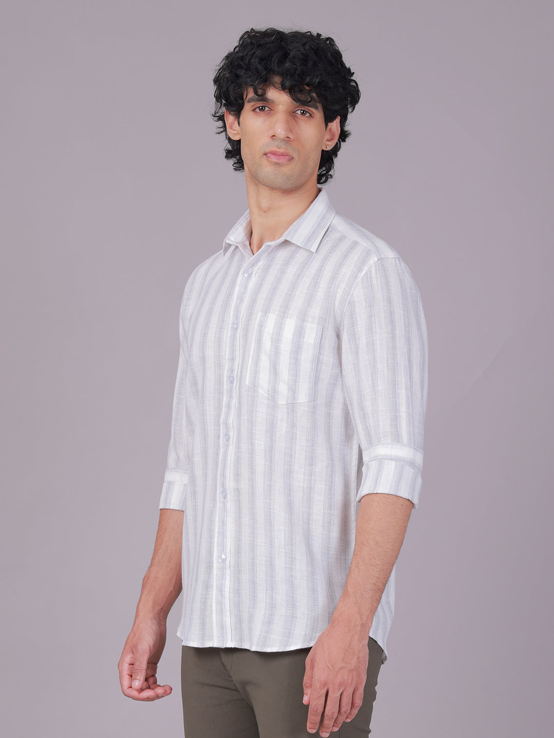 Classic Polo Men's Full Sleeve White/Grey Polo Neck Slim Fit Striped Cotton Casual Shirt | SR1-EL-02 A-FS-STR-SF