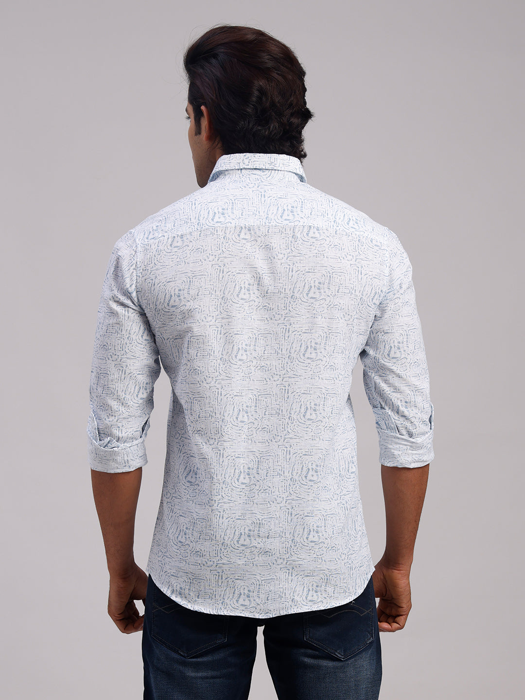 Classic Polo Men's Full Sleeve Off-White/Light Blue Polo Neck Slim Fit All-Over Print Cotton Casual Shirt | SR1-GN-07 A-FS-PRT-SF