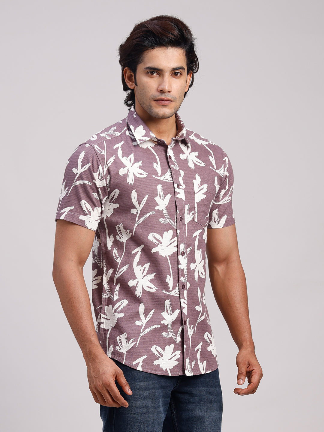 Classic Polo Men's Half Sleeve Mauve/White Polo Neck Slim Fit All-Over Print Cotton Casual Shirt | LSHR1-GN-08 B-HS-PRT-SF