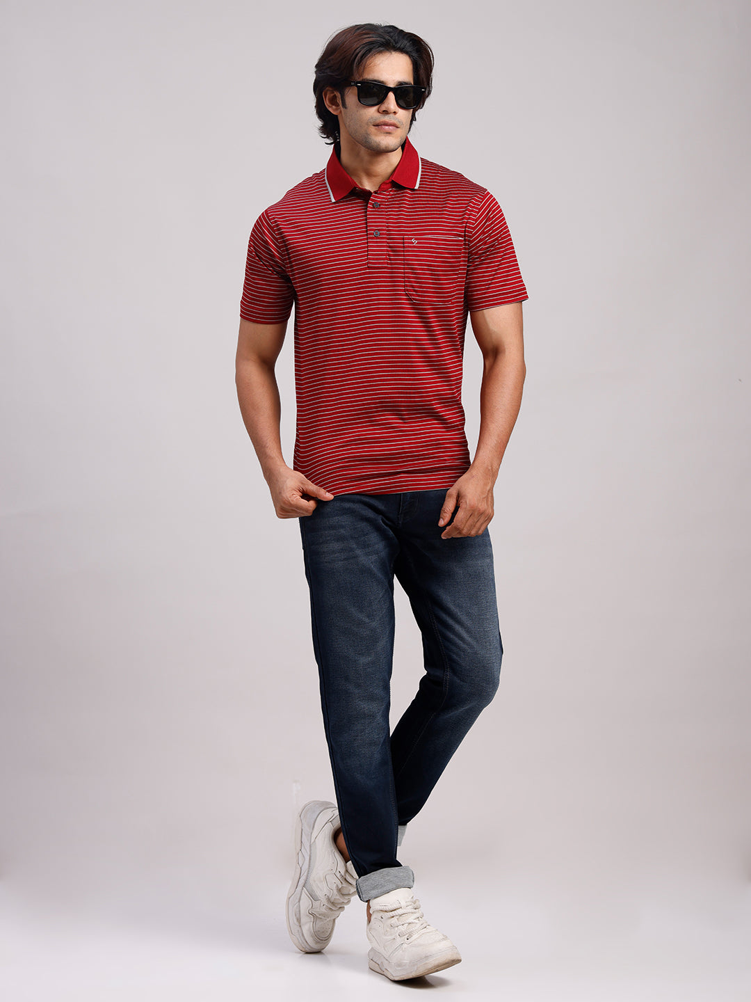 Classic Polo Men's Half Sleeve Red/White Authentic Fit Striped Premium Mercerised Cotton T-Shirt | ULTIMO - 356 B AF P