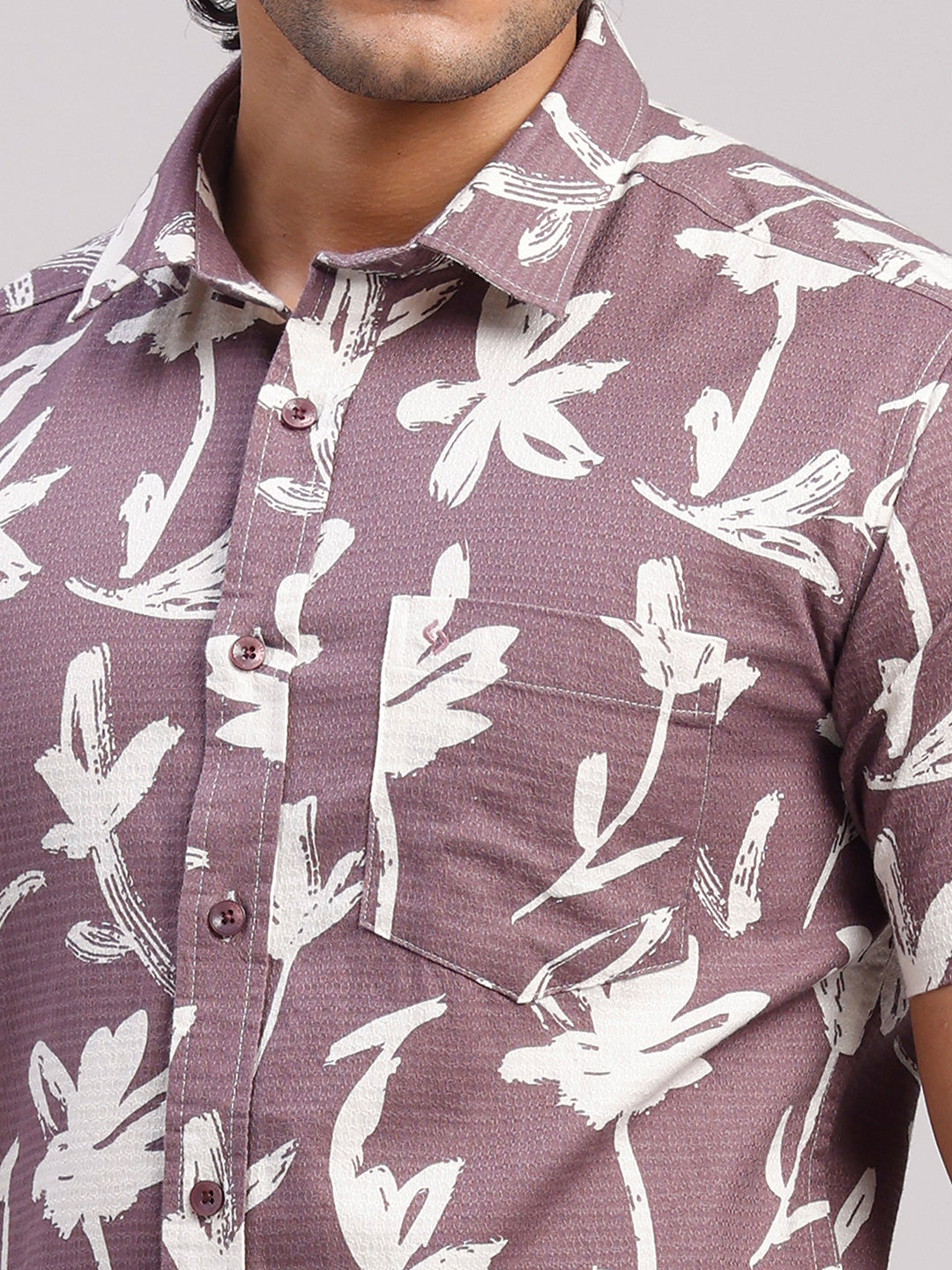 Classic Polo Men's Half Sleeve Mauve/White Polo Neck Slim Fit All-Over Print Cotton Casual Shirt | LSHR1-GN-08 B-HS-PRT-SF