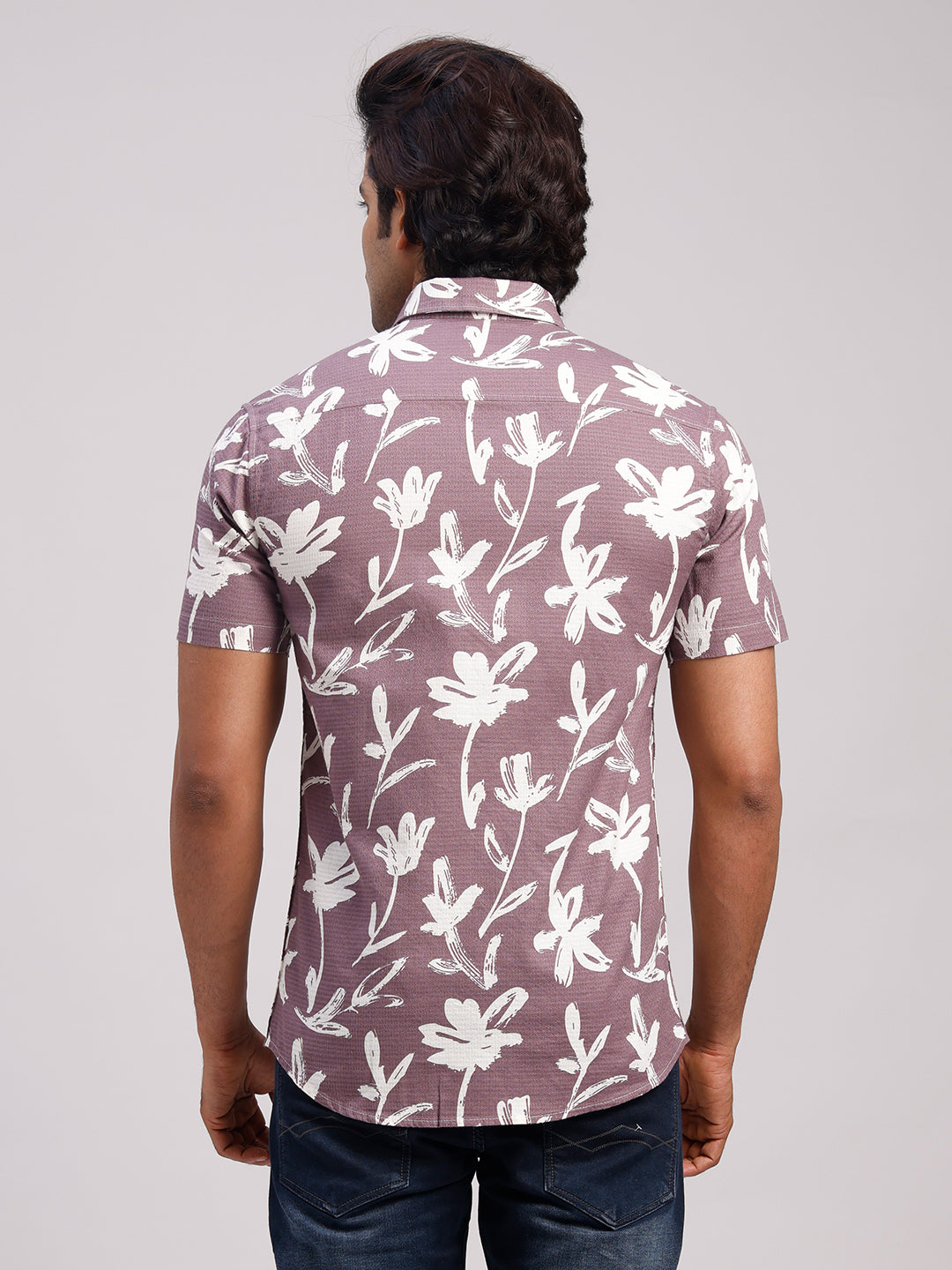 Classic Polo Men's Half Sleeve Mauve/White Polo Neck Slim Fit All-Over Print Cotton Casual Shirt | LSHR1-GN-08 B-HS-PRT-SF