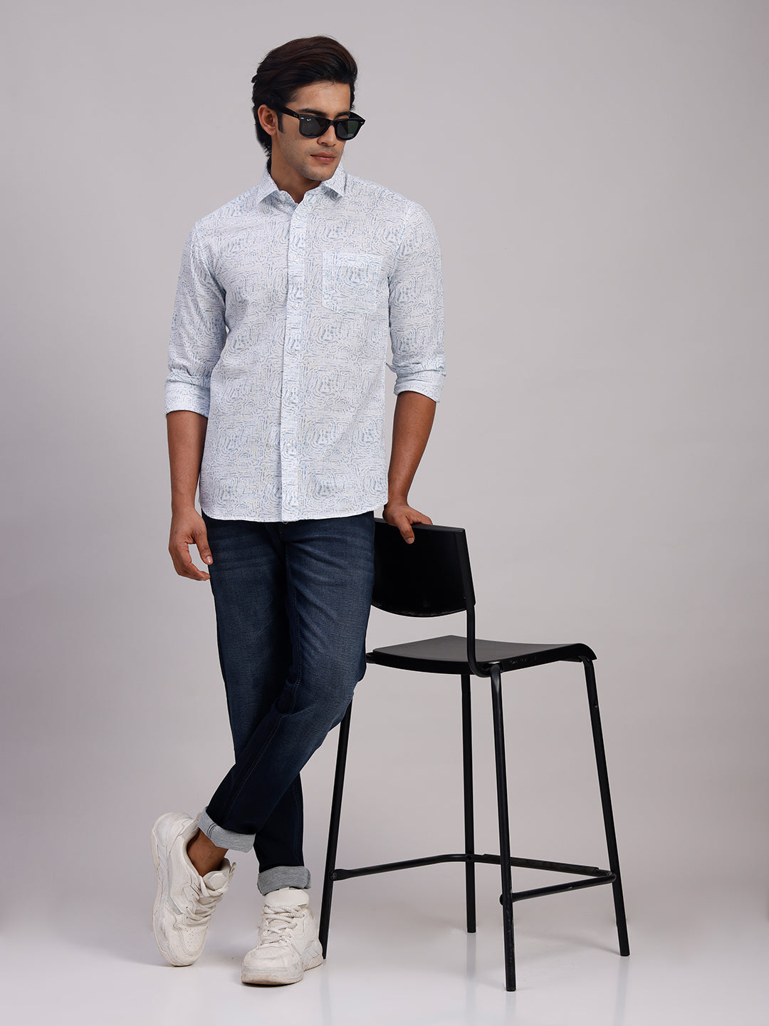 Classic Polo Men's Full Sleeve Off-White/Light Blue Polo Neck Slim Fit All-Over Print Cotton Casual Shirt | SR1-GN-07 A-FS-PRT-SF