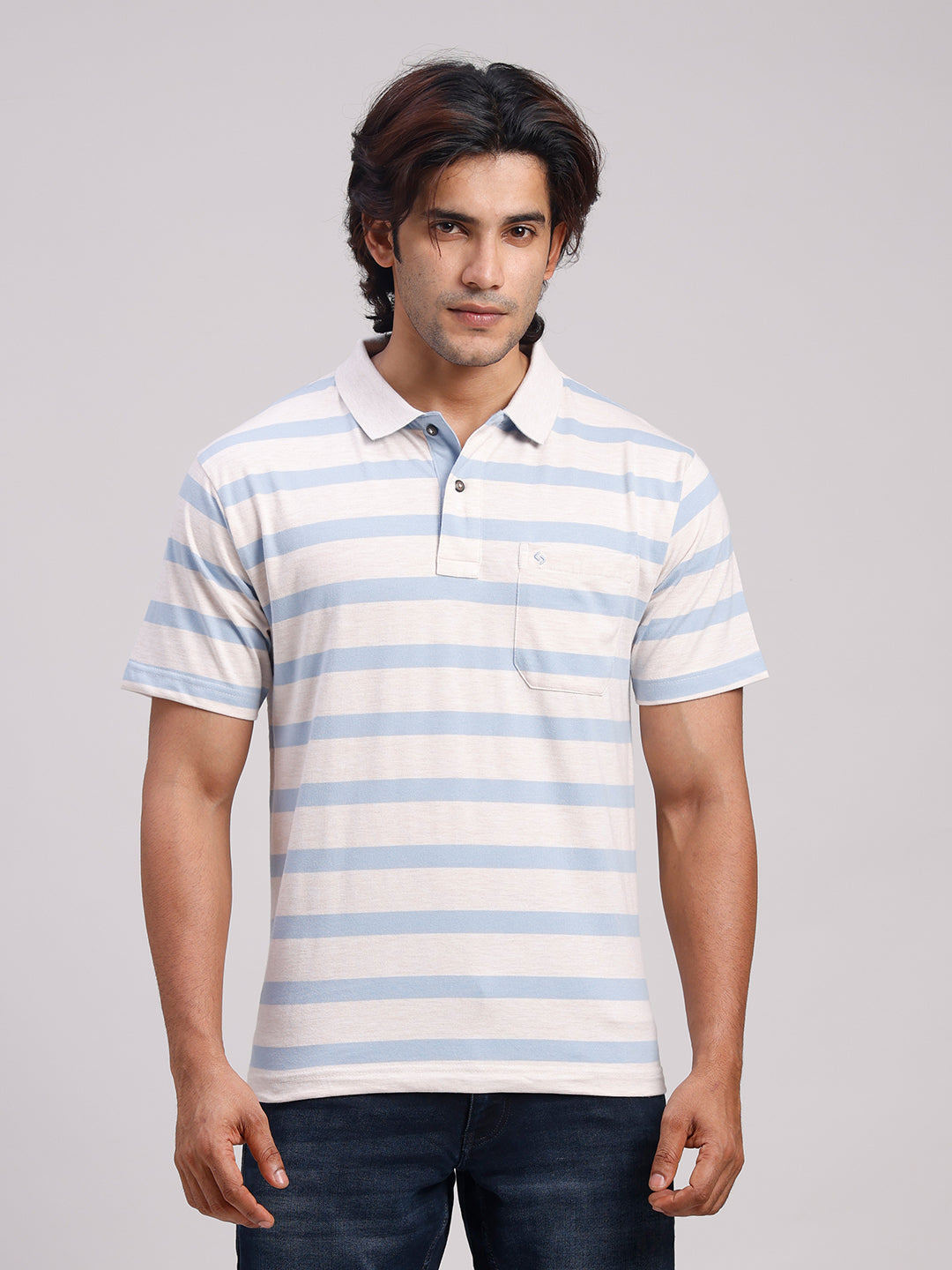 Classic Polo Men's Half Sleeve Off-White/Blue Polo Neck Authentic Fit Striped Cotton Blend T-Shirt | MEL - 285 B AF P