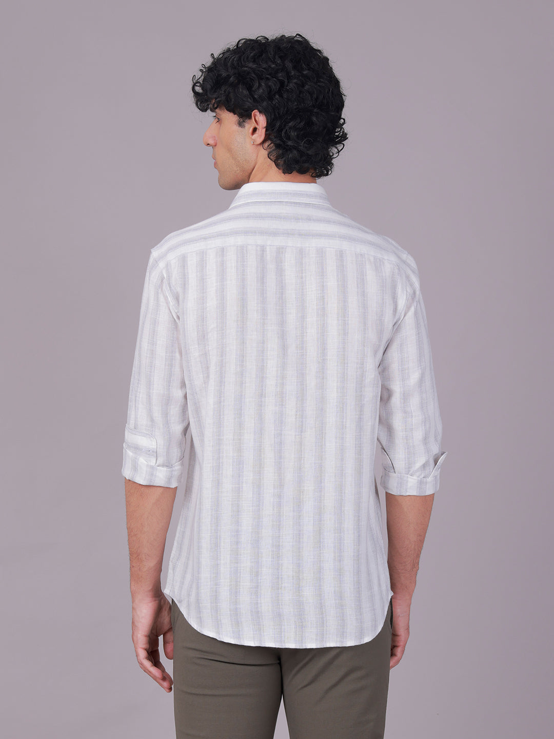 Classic Polo Men's Full Sleeve White/Grey Polo Neck Slim Fit Striped Cotton Casual Shirt | SR1-EL-02 A-FS-STR-SF