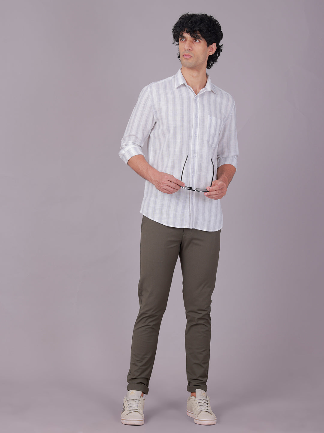Classic Polo Men's Full Sleeve White/Grey Polo Neck Slim Fit Striped Cotton Casual Shirt | SR1-EL-02 A-FS-STR-SF