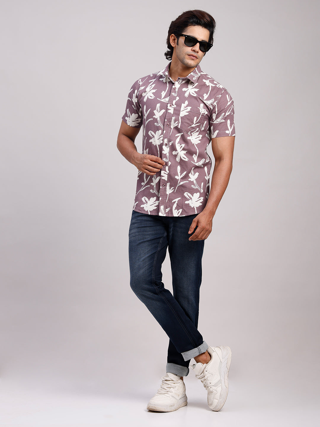 Classic Polo Men's Half Sleeve Mauve/White Polo Neck Slim Fit All-Over Print Cotton Casual Shirt | LSHR1-GN-08 B-HS-PRT-SF