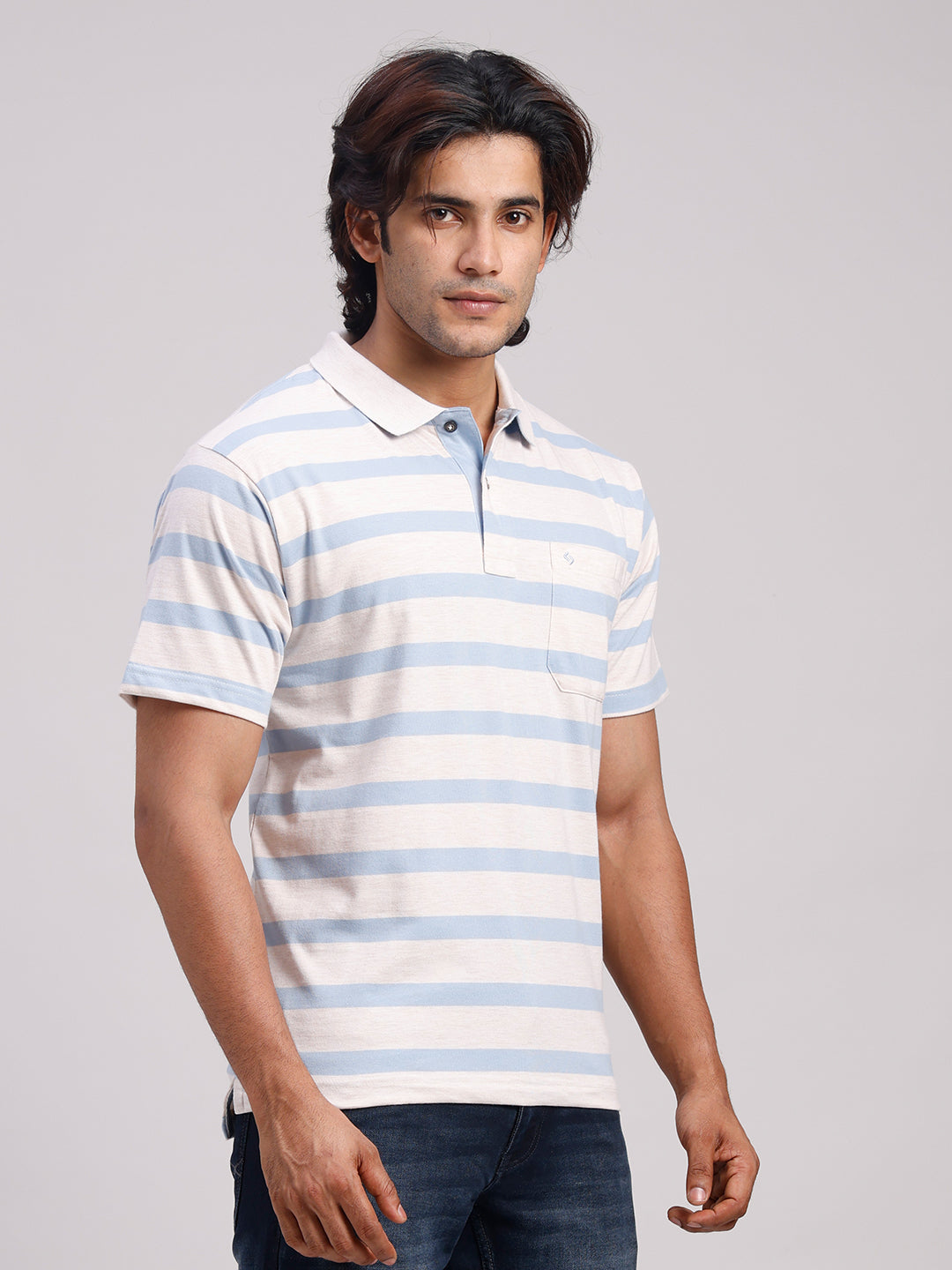 Classic Polo Men's Half Sleeve Off-White/Blue Polo Neck Authentic Fit Striped Cotton Blend T-Shirt | MEL - 285 B AF P