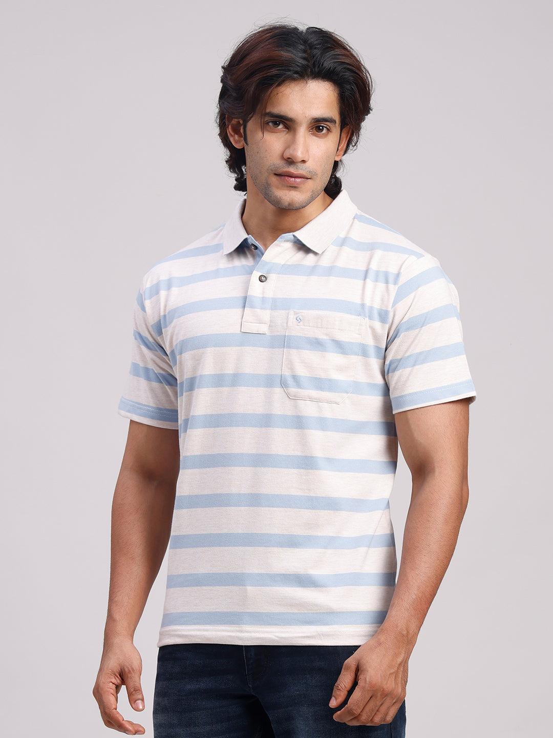 Classic Polo Men's Half Sleeve Off-White/Blue Polo Neck Authentic Fit Striped Cotton Blend T-Shirt | MEL - 285 B AF P