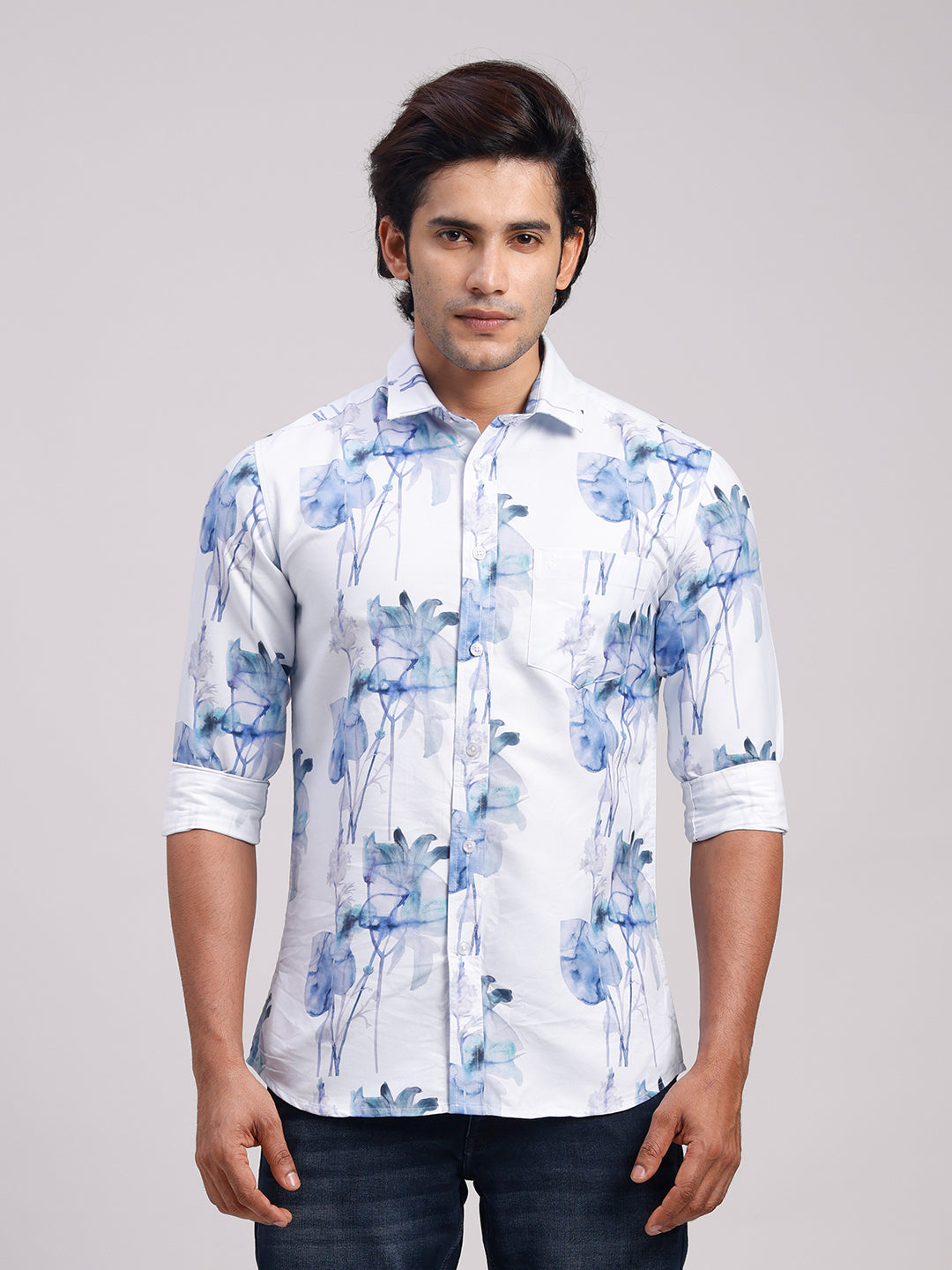 Classic Polo Men's Full Sleeve White/Blue Polo Neck Slim Fit All-Over Print Cotton Casual Shirt | LSHR1-GN-06 B-FS-PRT-SF