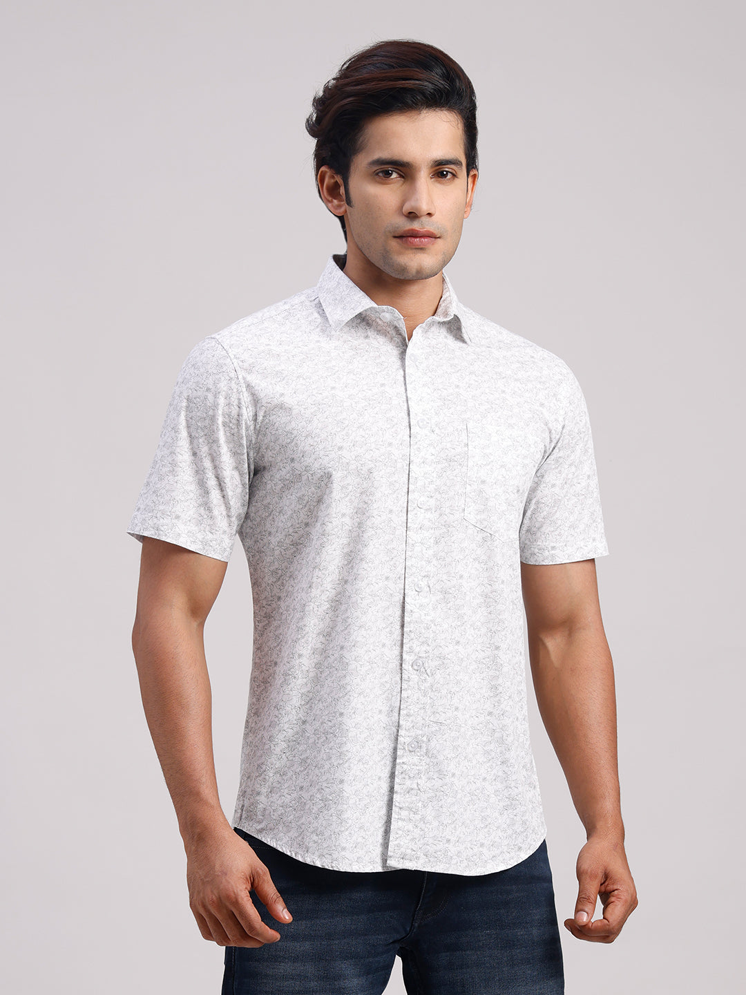 Classic Polo Men's Half Sleeve White Polo Neck Slim Fit All-Over Print Cotton Casual Shirt | SR1-CL-25 B-HS-PRT-SF