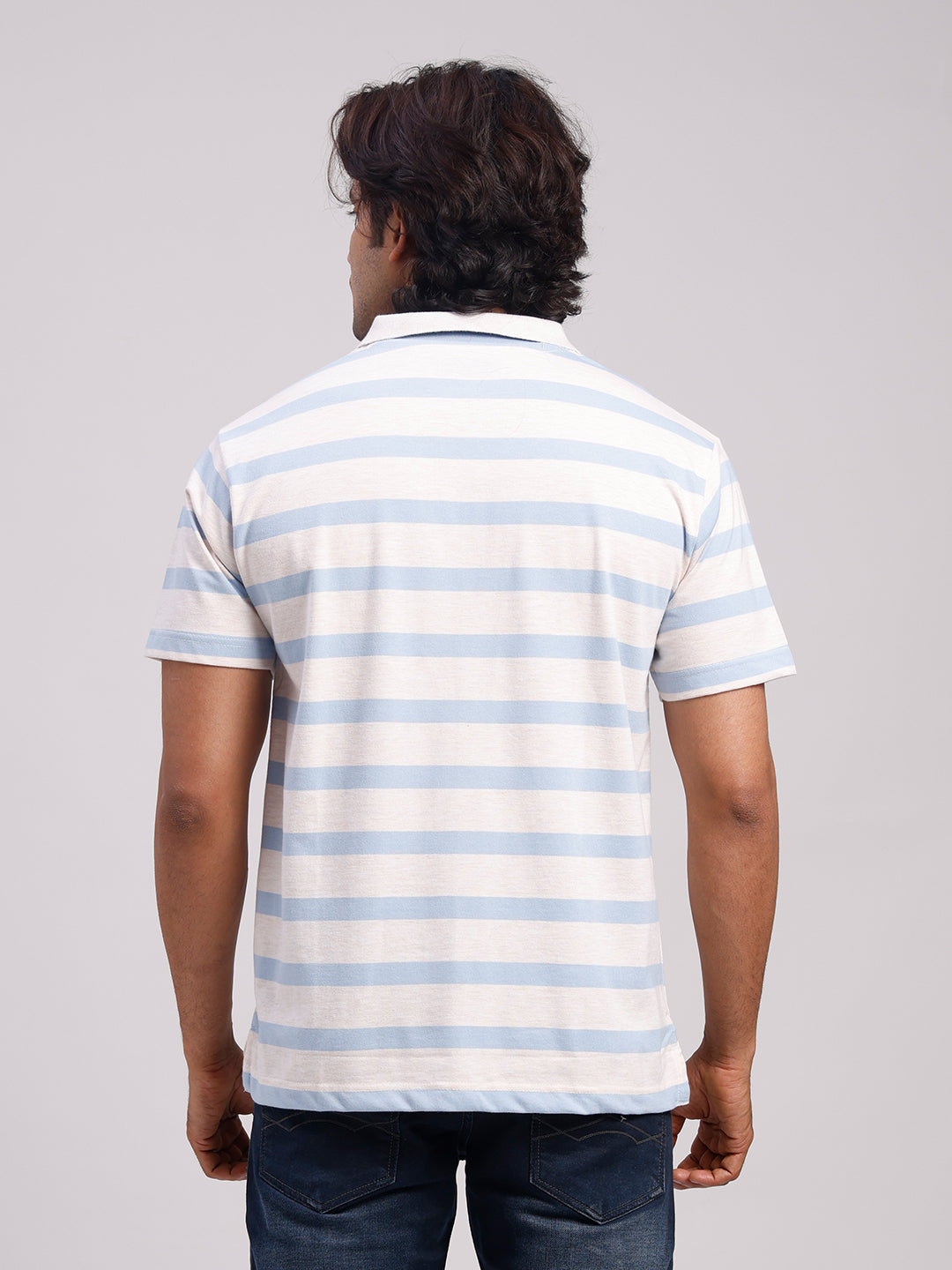 Classic Polo Men's Half Sleeve Off-White/Blue Polo Neck Authentic Fit Striped Cotton Blend T-Shirt | MEL - 285 B AF P