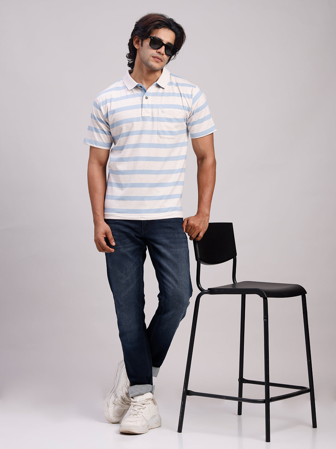 Classic Polo Men's Half Sleeve Off-White/Blue Polo Neck Authentic Fit Striped Cotton Blend T-Shirt | MEL - 285 B AF P