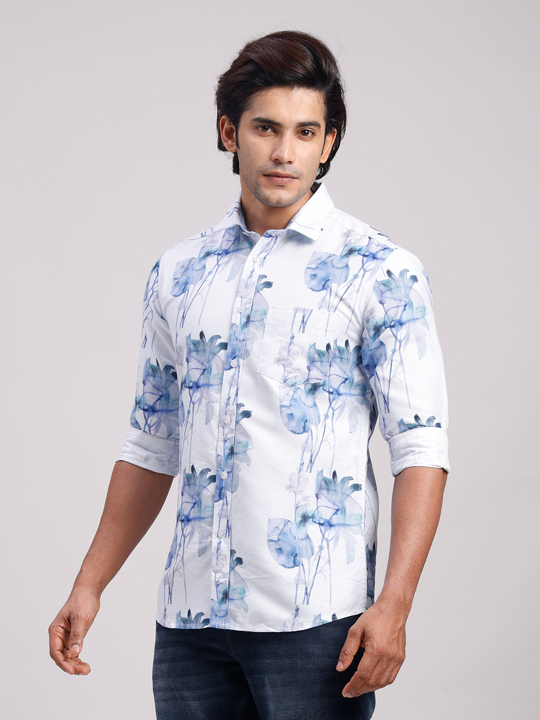 Classic Polo Men's Full Sleeve White/Blue Polo Neck Slim Fit All-Over Print Cotton Casual Shirt | LSHR1-GN-06 B-FS-PRT-SF