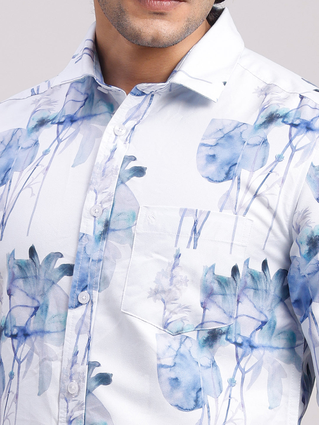 Classic Polo Men's Full Sleeve White/Blue Polo Neck Slim Fit All-Over Print Cotton Casual Shirt | LSHR1-GN-06 B-FS-PRT-SF