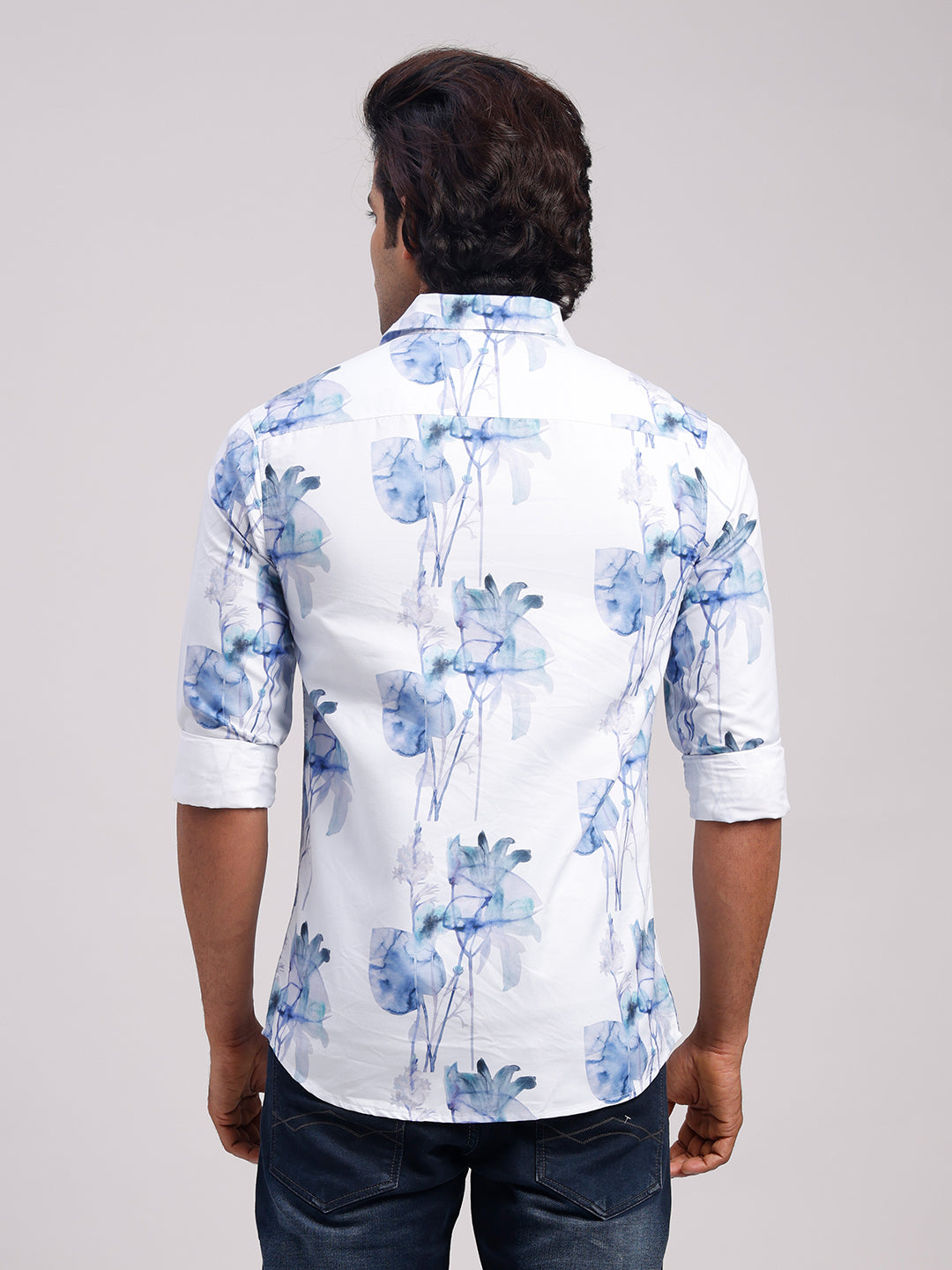 Classic Polo Men's Full Sleeve White/Blue Polo Neck Slim Fit All-Over Print Cotton Casual Shirt | LSHR1-GN-06 B-FS-PRT-SF