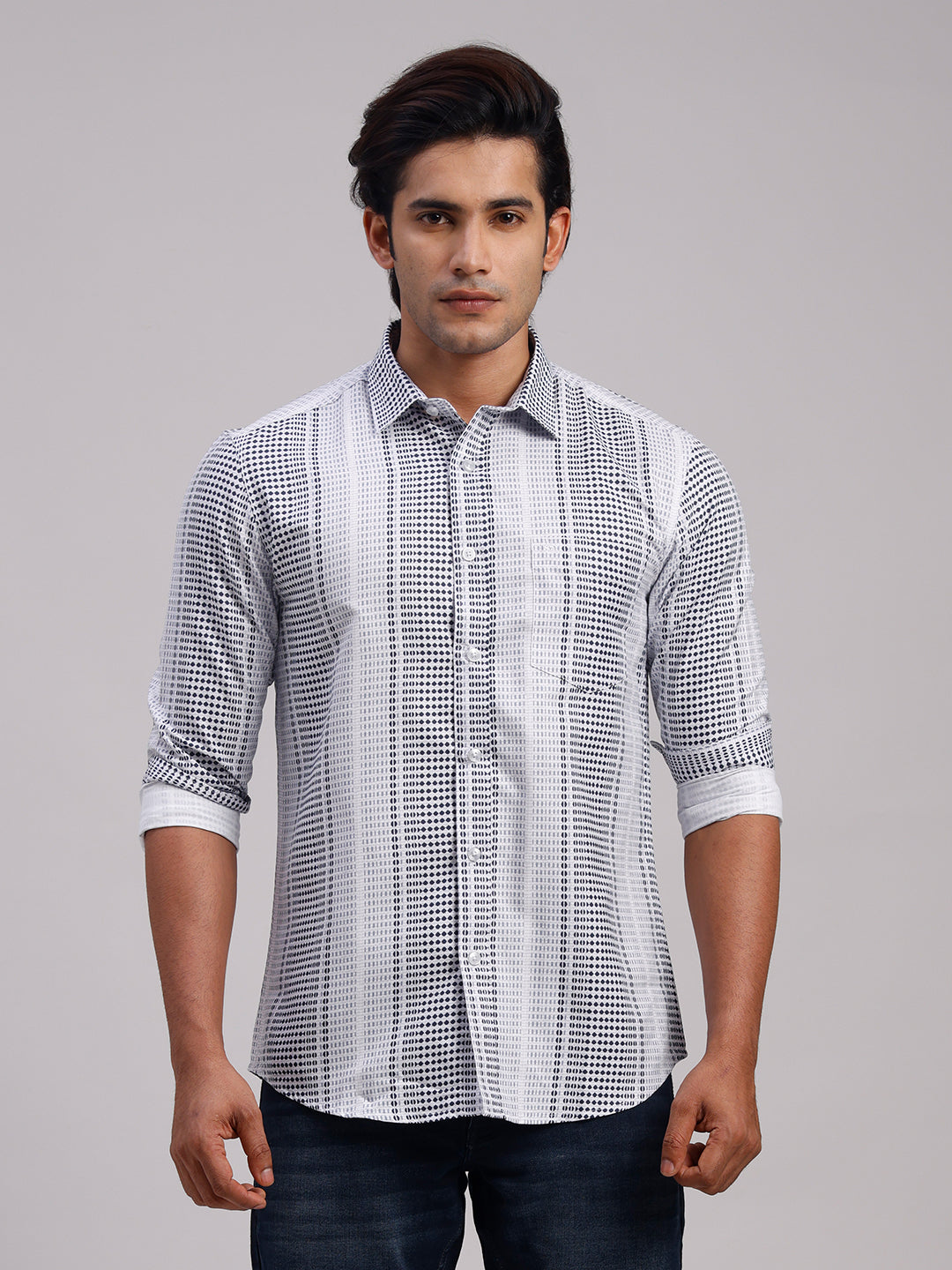 Classic Polo Men's Full Sleeve White/Black Polo Neck Slim Fit All-Over Print Cotton Casual Shirt | LSHR1-CL-11 B-FS-PRT-SF