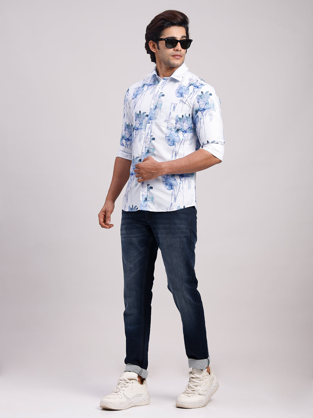 Classic Polo Men's Full Sleeve White/Blue Polo Neck Slim Fit All-Over Print Cotton Casual Shirt | LSHR1-GN-06 B-FS-PRT-SF