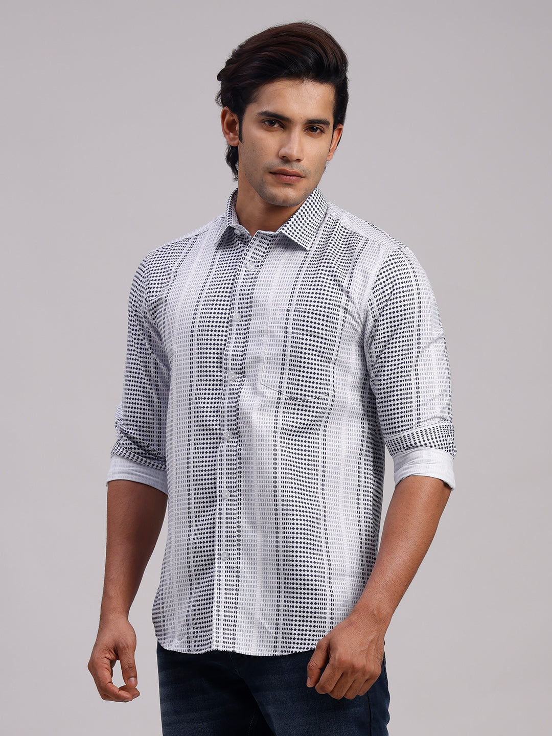 Classic Polo Men's Full Sleeve White/Black Polo Neck Slim Fit All-Over Print Cotton Casual Shirt | LSHR1-CL-11 B-FS-PRT-SF