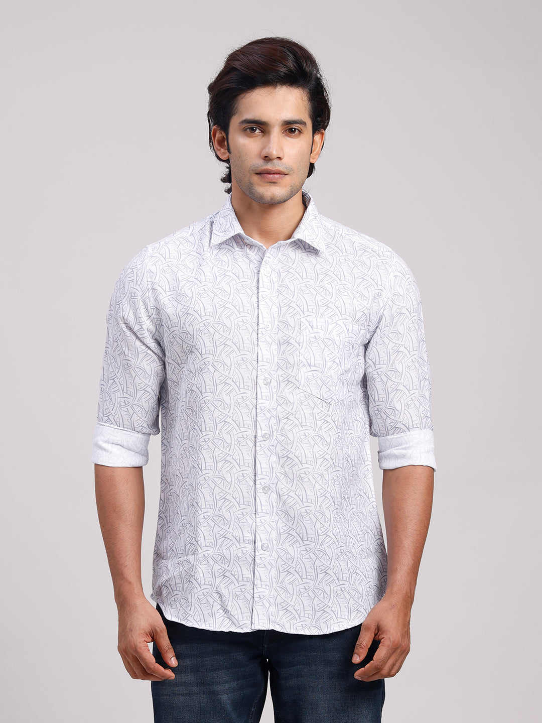 Classic Polo Men's Full Sleeve White/Grey Polo Neck Slim Fit All-Over Print Cotton Casual Shirt | SR1-CL-17 A-FS-PRT-SF