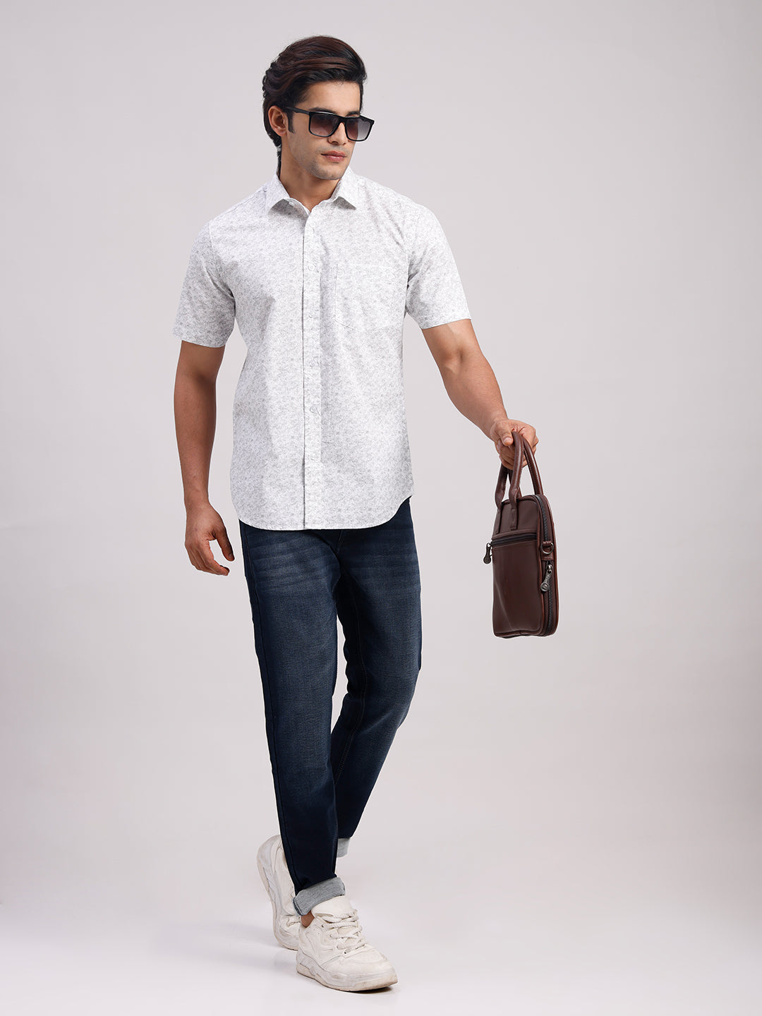 Classic Polo Men's Half Sleeve White Polo Neck Slim Fit All-Over Print Cotton Casual Shirt | SR1-CL-25 B-HS-PRT-SF