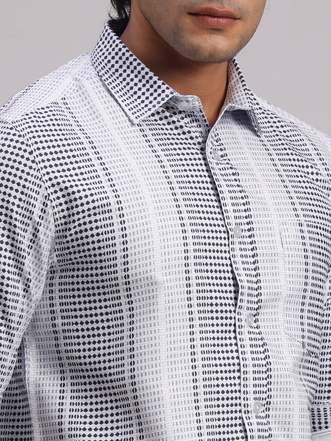 Classic Polo Men's Full Sleeve White/Black Polo Neck Slim Fit All-Over Print Cotton Casual Shirt | LSHR1-CL-11 B-FS-PRT-SF