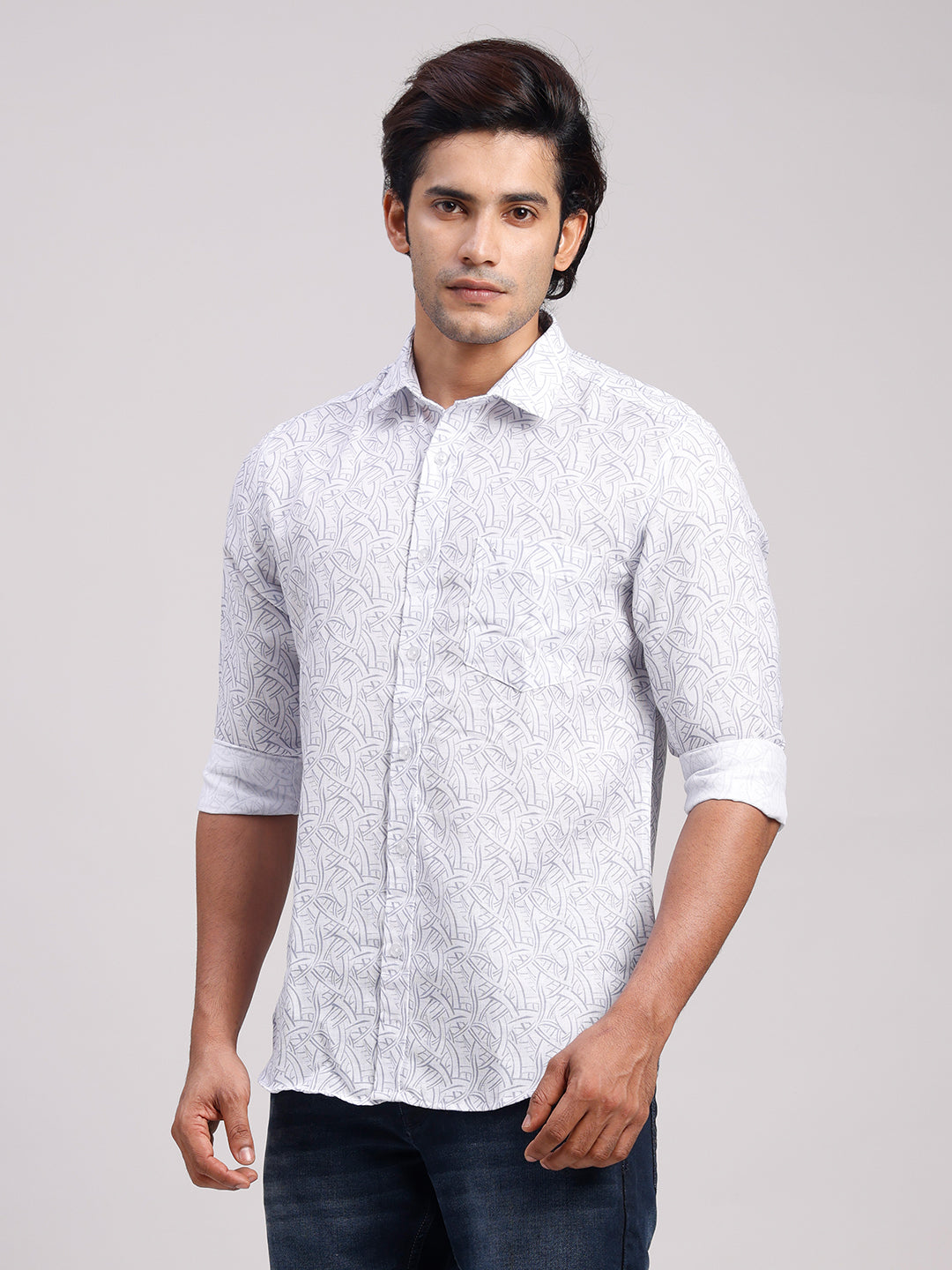 Classic Polo Men's Full Sleeve White/Grey Polo Neck Slim Fit All-Over Print Cotton Casual Shirt | SR1-CL-17 A-FS-PRT-SF