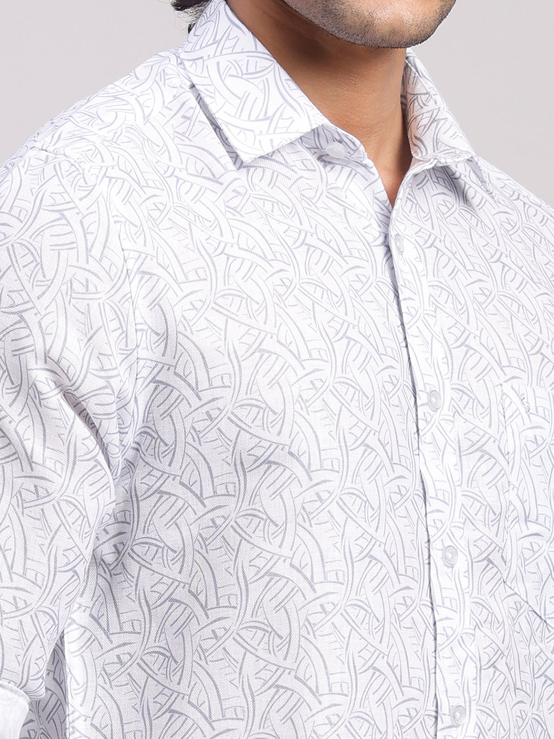 Classic Polo Men's Full Sleeve White/Grey Polo Neck Slim Fit All-Over Print Cotton Casual Shirt | SR1-CL-17 A-FS-PRT-SF