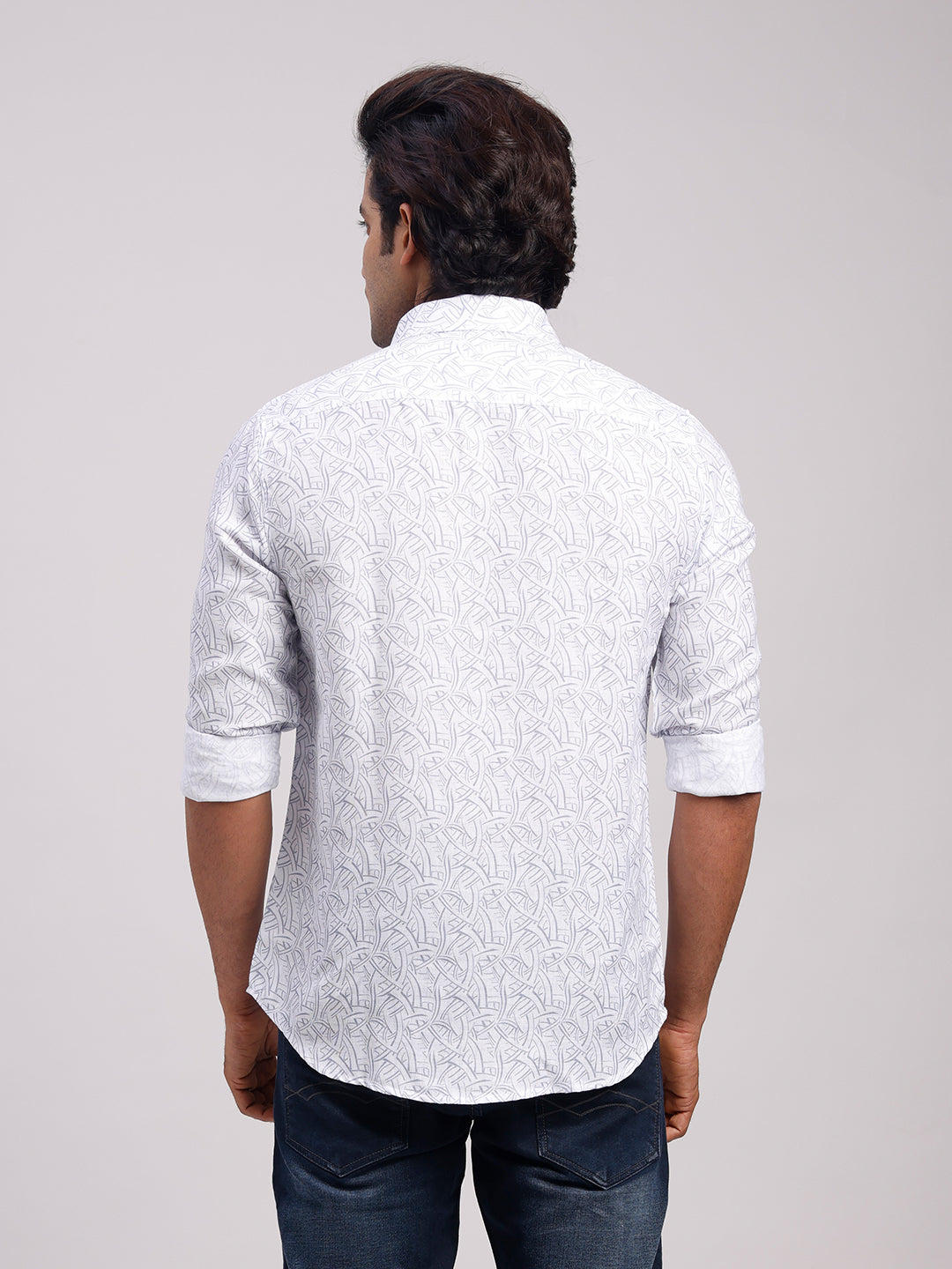 Classic Polo Men's Full Sleeve White/Grey Polo Neck Slim Fit All-Over Print Cotton Casual Shirt | SR1-CL-17 A-FS-PRT-SF