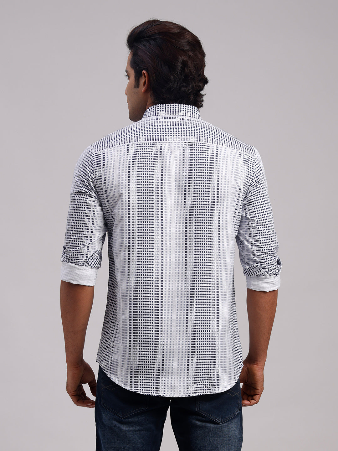 Classic Polo Men's Full Sleeve White/Black Polo Neck Slim Fit All-Over Print Cotton Casual Shirt | LSHR1-CL-11 B-FS-PRT-SF
