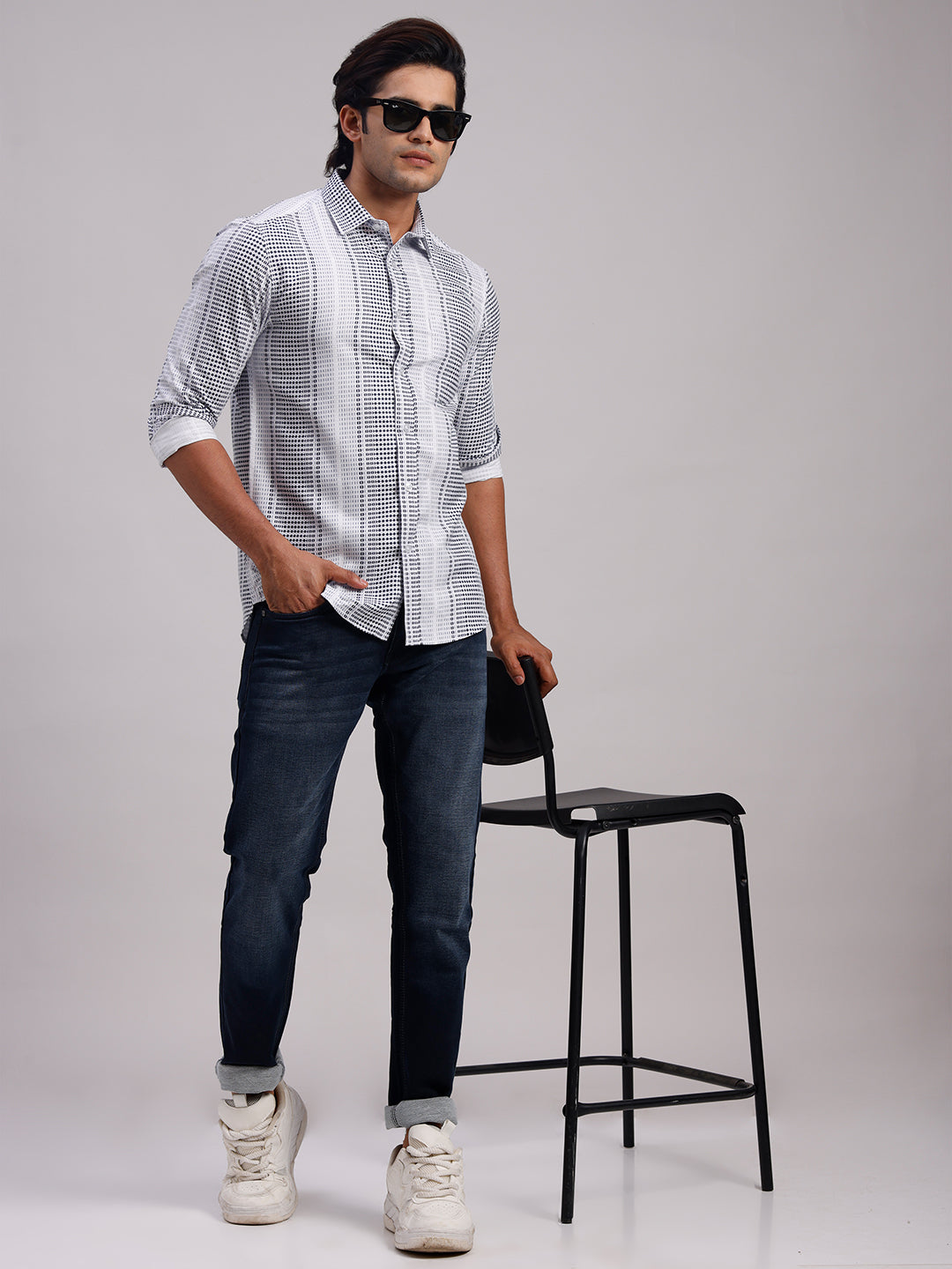 Classic Polo Men's Full Sleeve White/Black Polo Neck Slim Fit All-Over Print Cotton Casual Shirt | LSHR1-CL-11 B-FS-PRT-SF